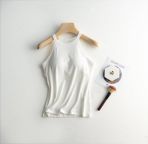 Slim Halter Neck Off-Shoulder Camisole Tops for Women - Stylish Solid Tank Tees with Chest Pad for Comfortable Summer Wear